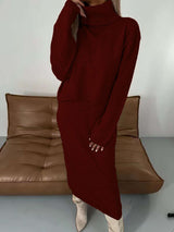 Turtleneck Sweater Two Piece Dress Maxi Skirt - L, Wine Red image