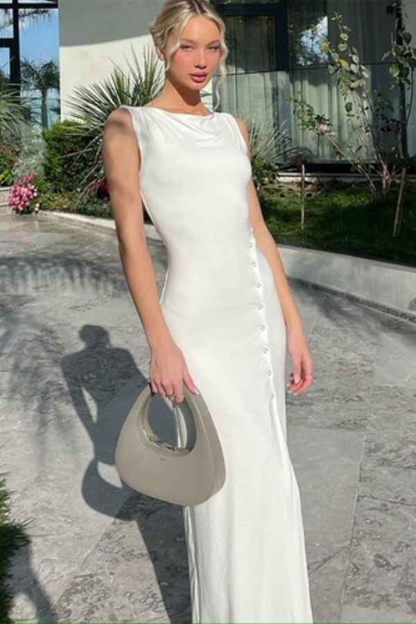Elegant Solid Color Button Down Sleeveless Maxi Dress image 1