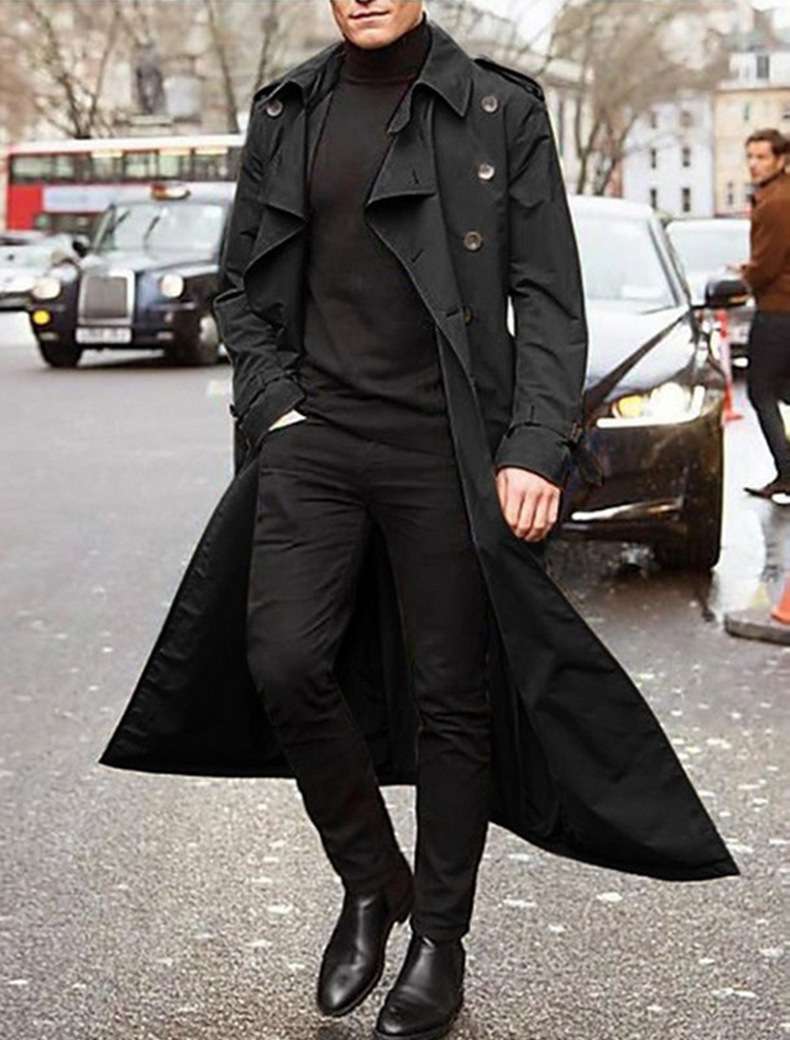 Classic Belted Overcoat Long Trench Coat - L, Black image
