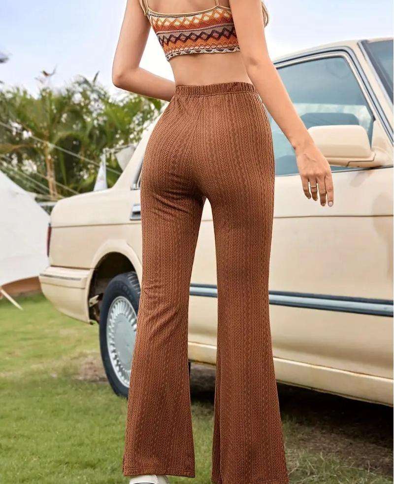 High-Waisted Brown Ribbed Flare Pants image 2