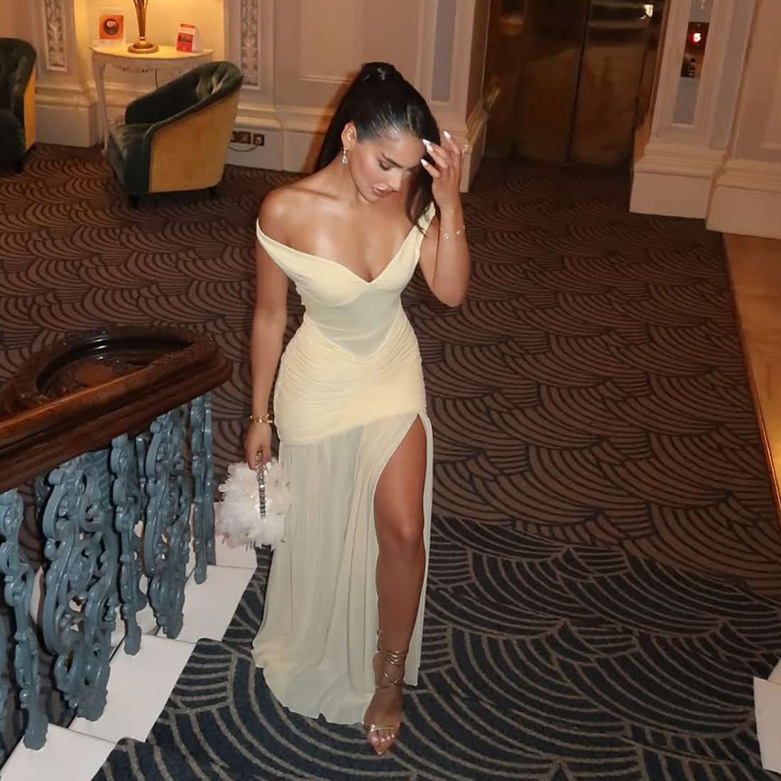 Off-Shoulder Evening Dress - L, Light Beige image