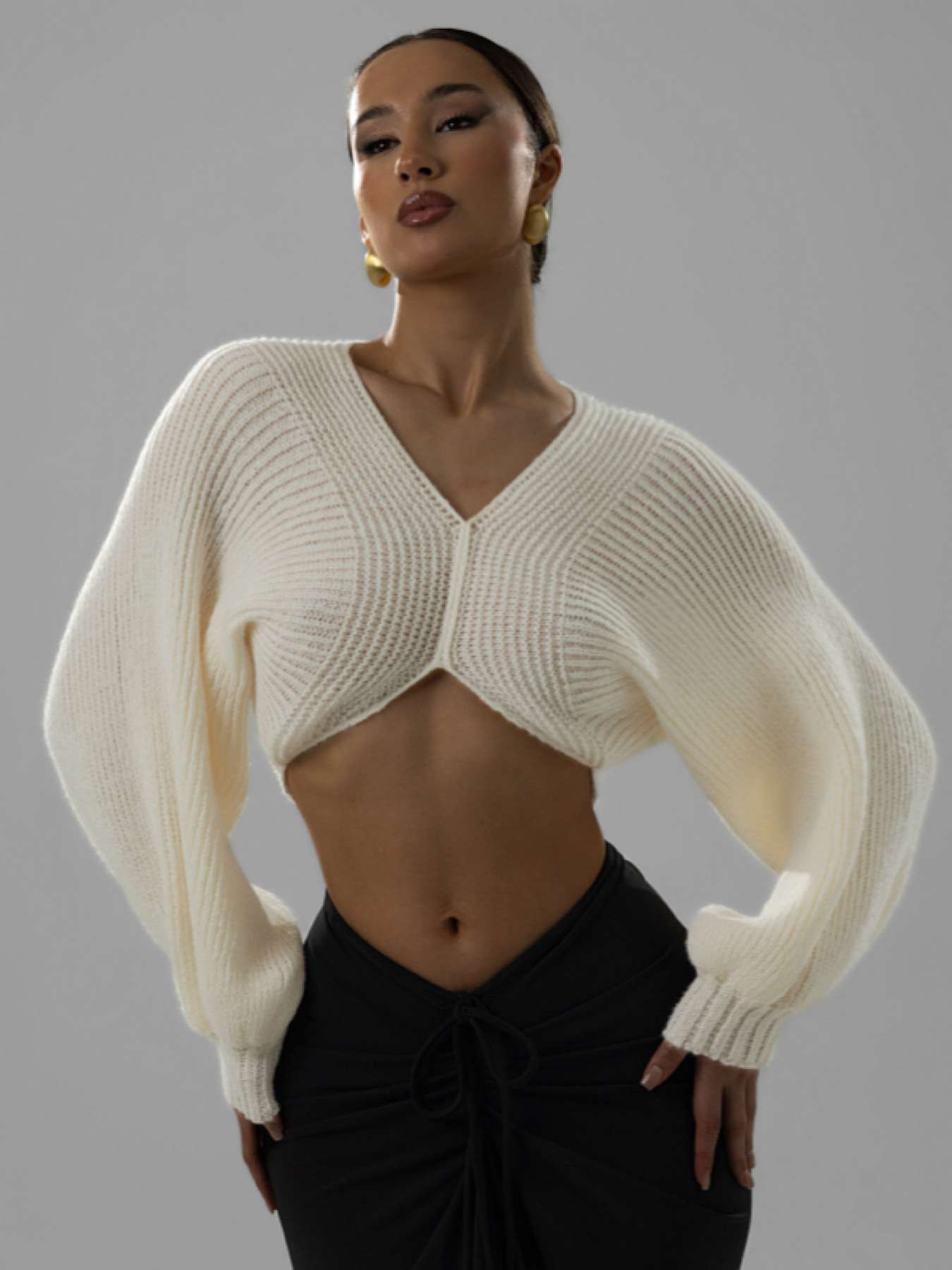 Cropped Sweater with Puff Sleeves - M, Light Beige image