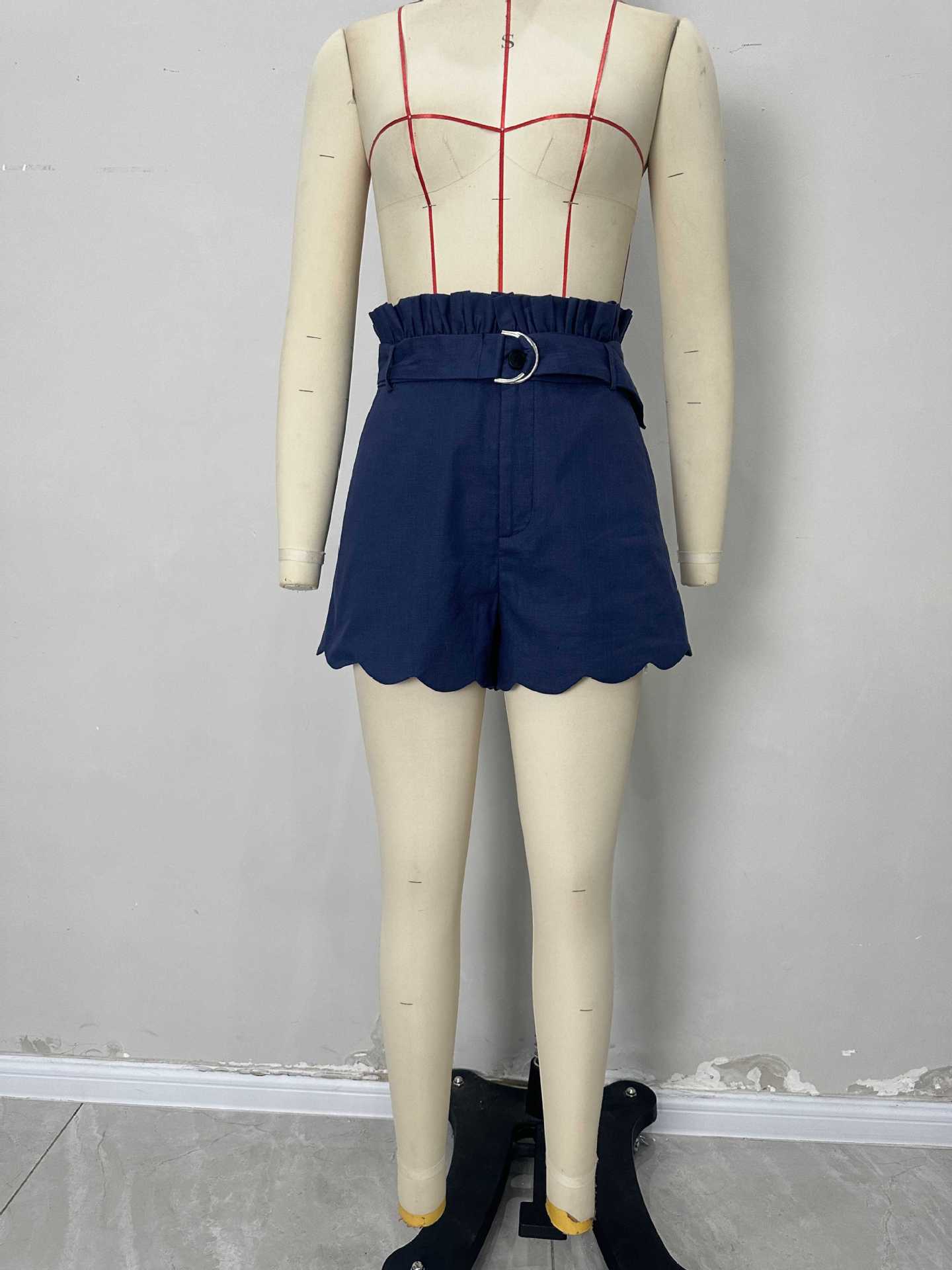 High-Waisted Paperbag Shorts with Scalloped Hem - S, Dark Blue image