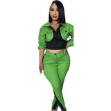 Casual Patchwork Long Sleeve Top and Pants Set - M, Forest Green image