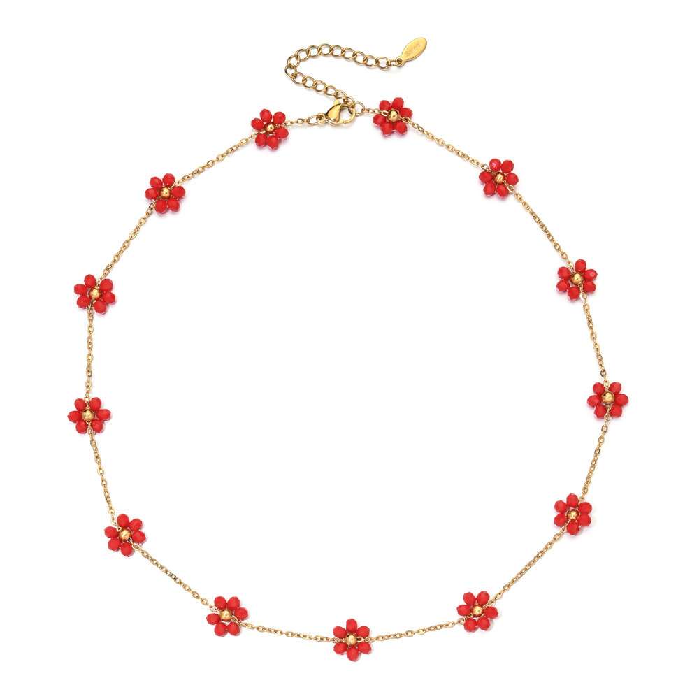 Gold Necklace with Pearl and Floral Crystal - Free Size, Red image