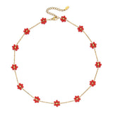 Gold Necklace with Pearl and Floral Crystal - Free Size, Red image