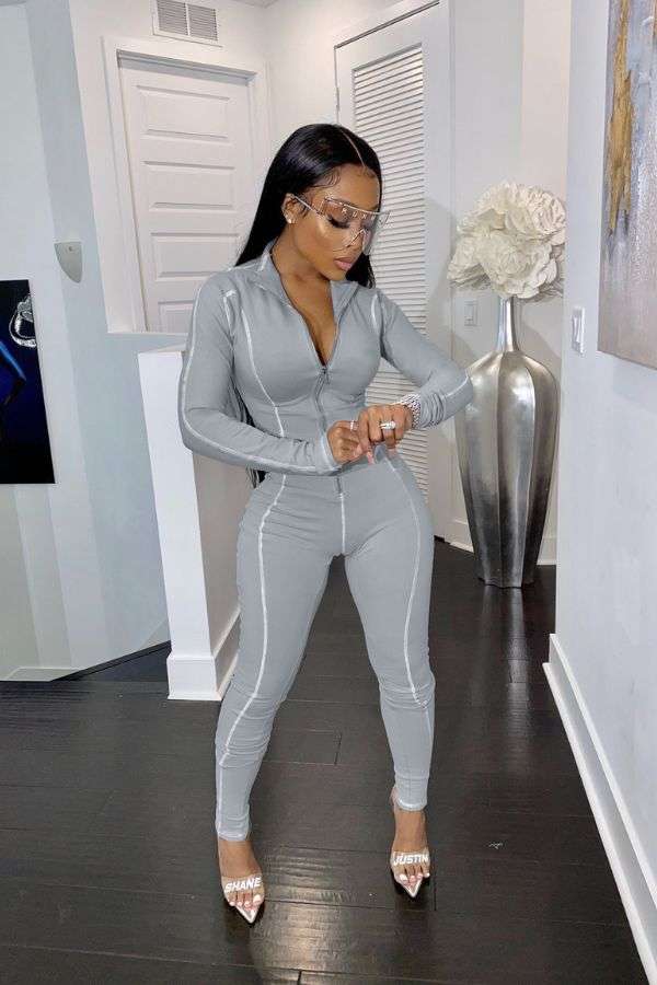 Long Sleeve Zipper Romper Jumpsuit image 3