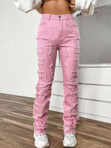 Fashionable High Waist Embroidered  Pants - S, Pink image