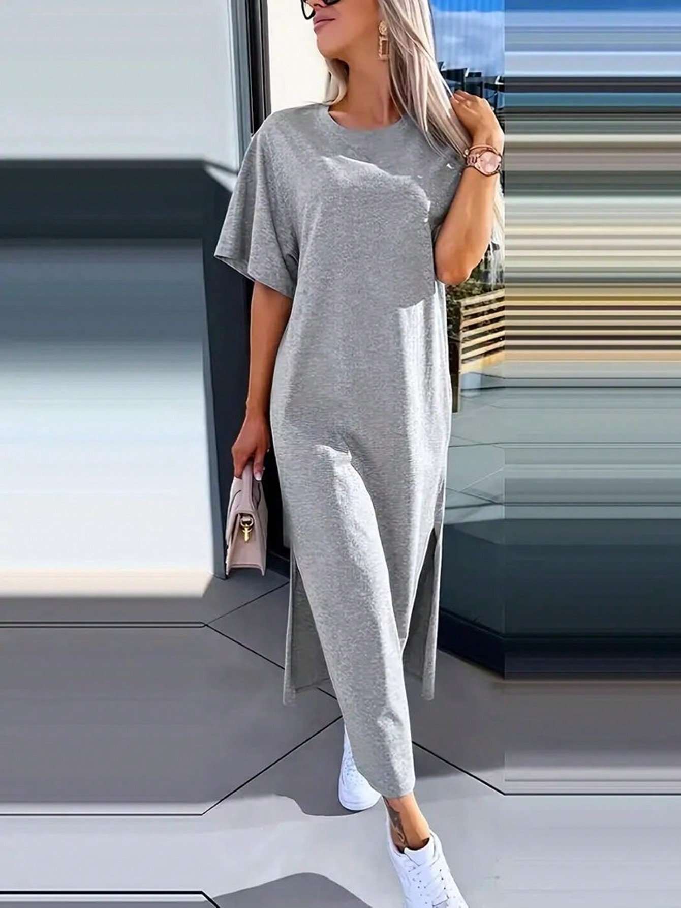 Oversized T-Shirt Dress with Side Slits - M, Grey image