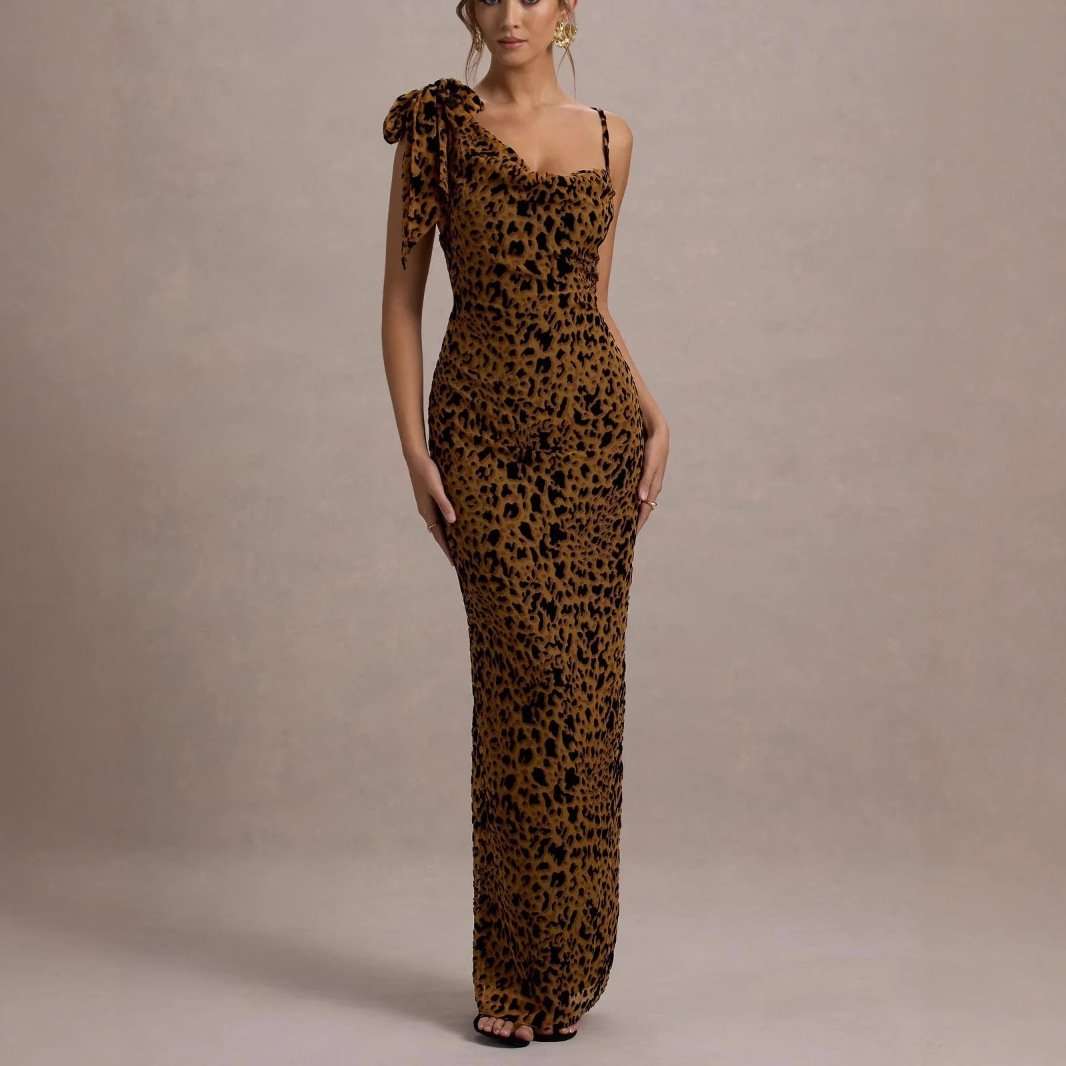 One-Shoulder Leopard Maxi Dress - S, Brown image