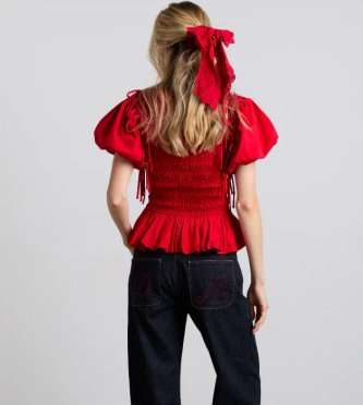 Red Smocked Puff-Sleeve Blouse image 2
