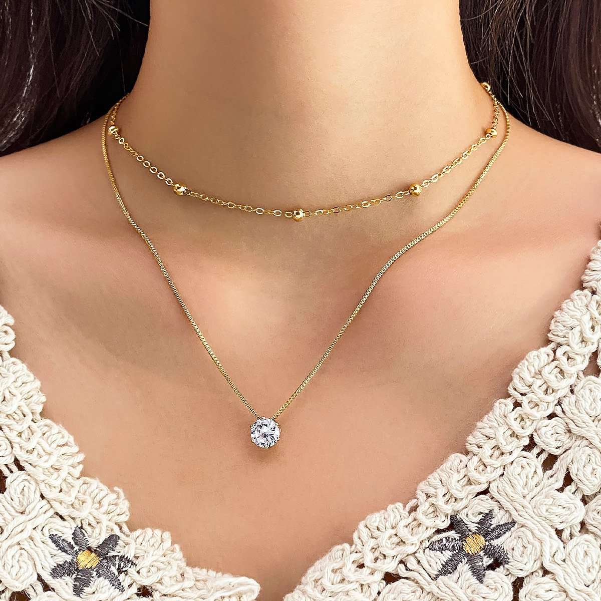 Gold-Toned Stone-Studded Layered Necklace image 1