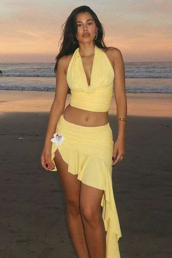 Elegant Halter Top & Asymmetrical Skirt Set - S, Yellow image
