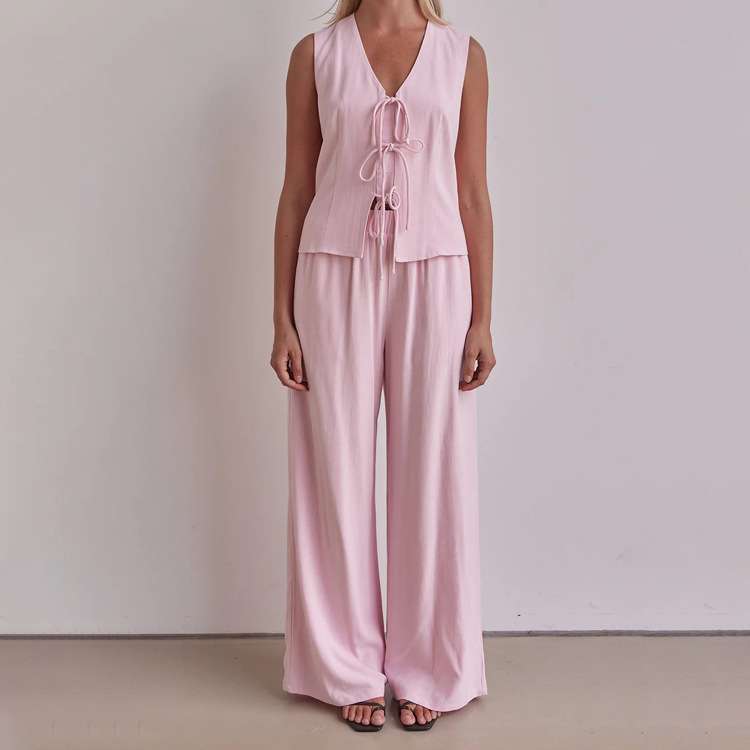 Tie-Front Top and Wide-Leg Pants Set - M, Pink image