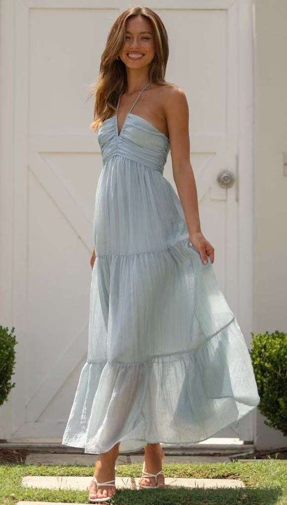 Striped Maxi Dress with Tie Straps - L, Sky Blue image