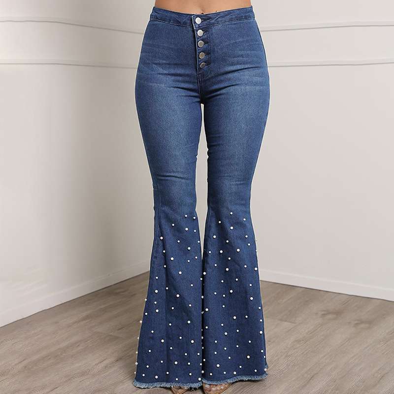 High-Waisted Flared Denim Jeans - M, Blue image