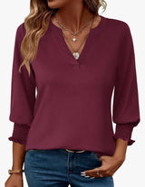 V-Neck Blouse with Smocked Cuffs - L, Red image