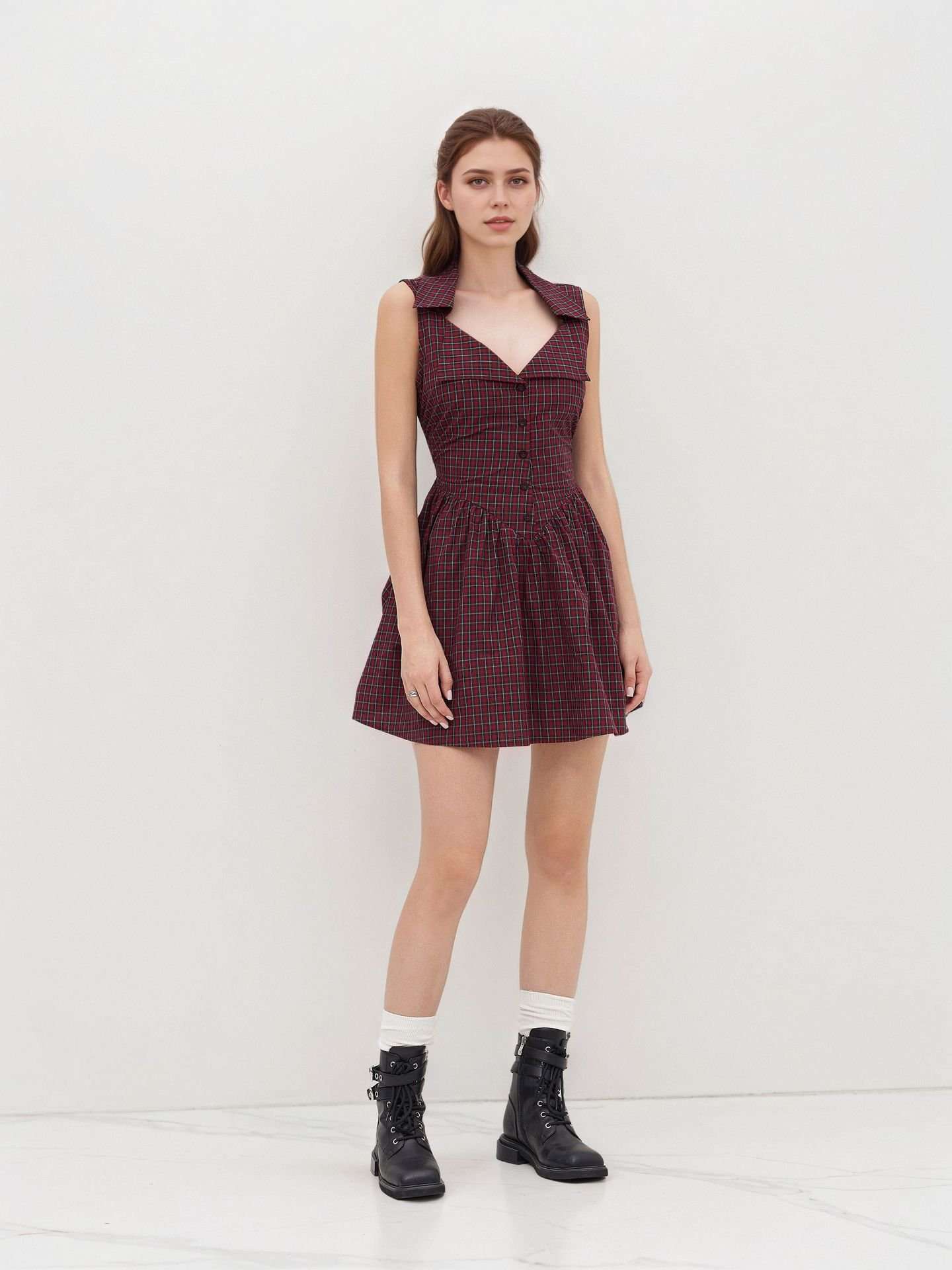 Plaid Sleeveless Button-Front Dress - XL, Wine Red image