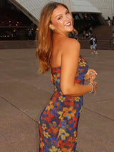 Vibrant Floral Strapless Maxi Dress - S, Multi Blue image