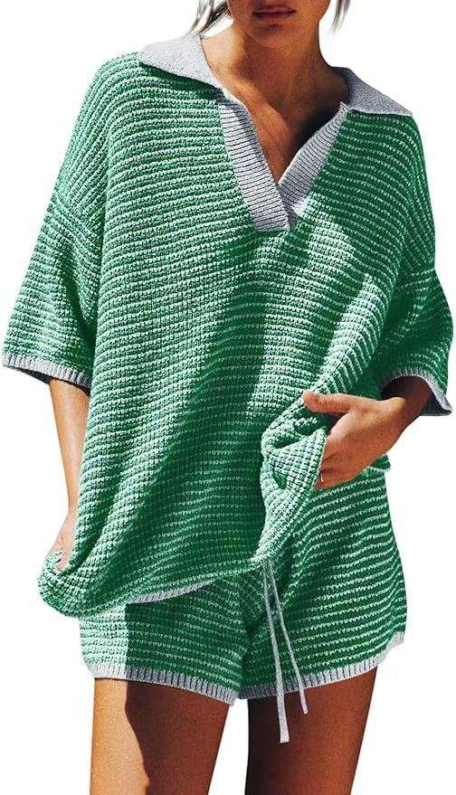 Casual Striped Knit Lounge Set - L, Green image