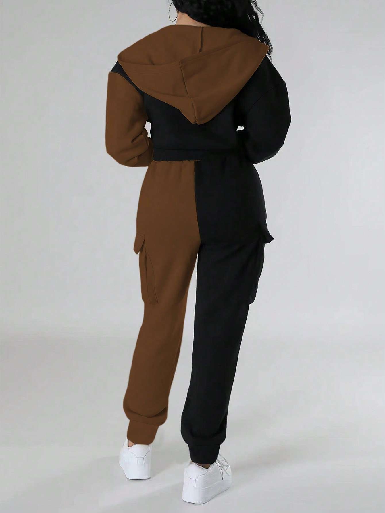 Color Block Cropped Hoodie & Cargo Joggers Set image 7