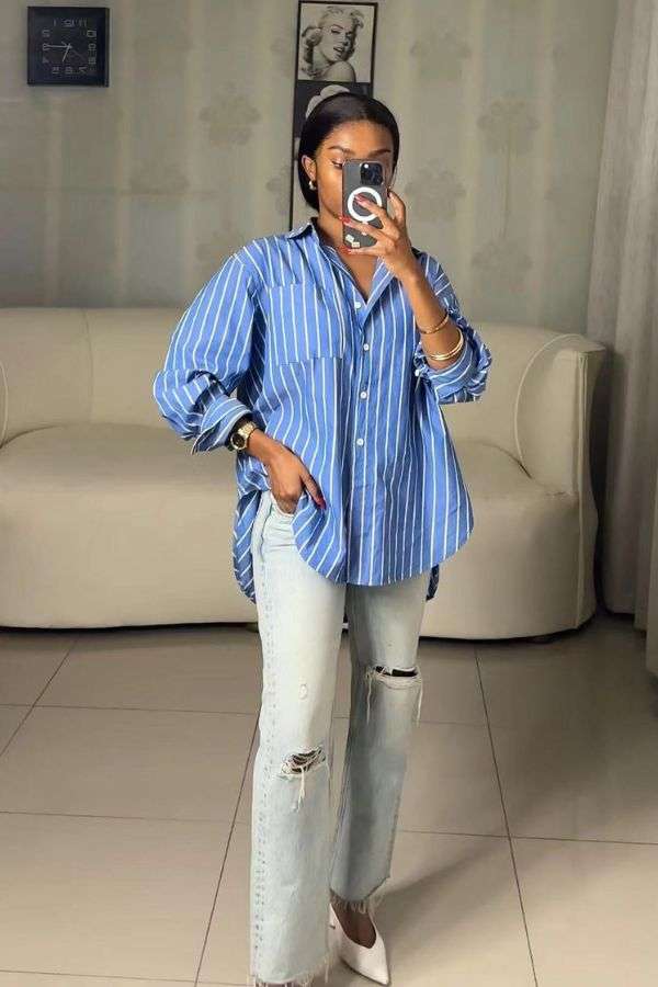 Spring Elegant Stripped Loose Shirts - M, Multi Blue image