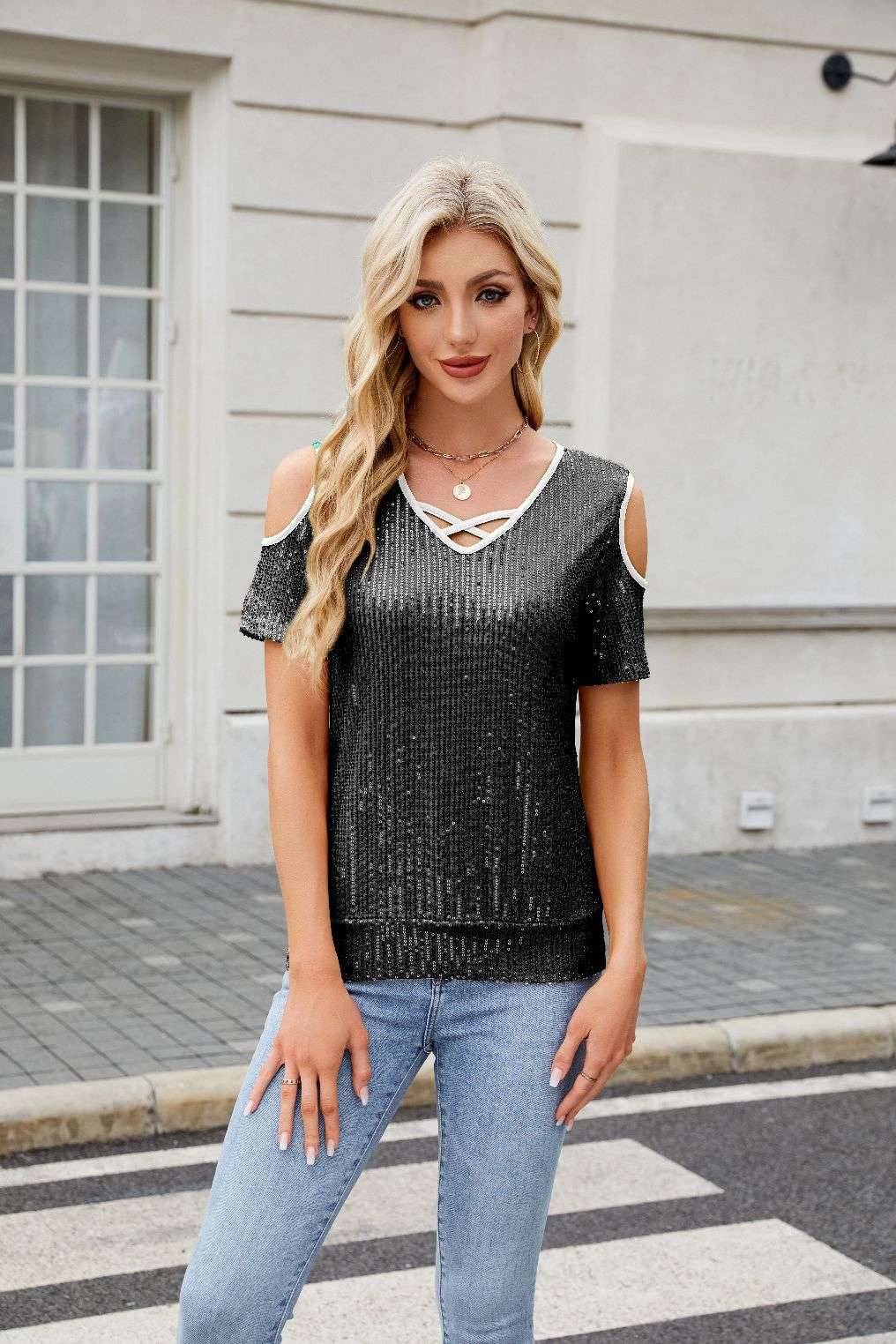 Sequin Embellished Short-Sleeve Top image 2