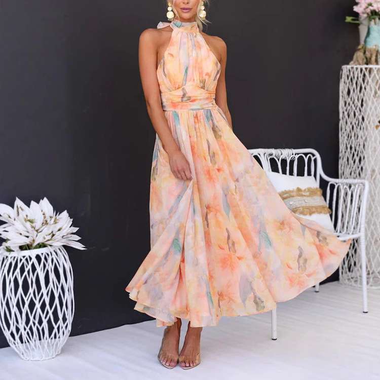 Elegant Floral Maxi Dress with Halter Neck image 1