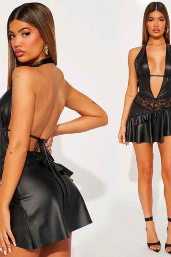 Sexy Halter Neck Deep-V PU Leather Backless Mini Dress image 1
