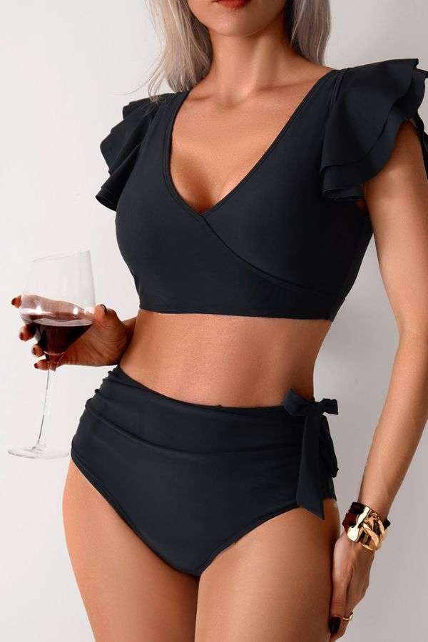 Two-Tone Ruffle Sleeve High-Waisted Bikini Set image 0