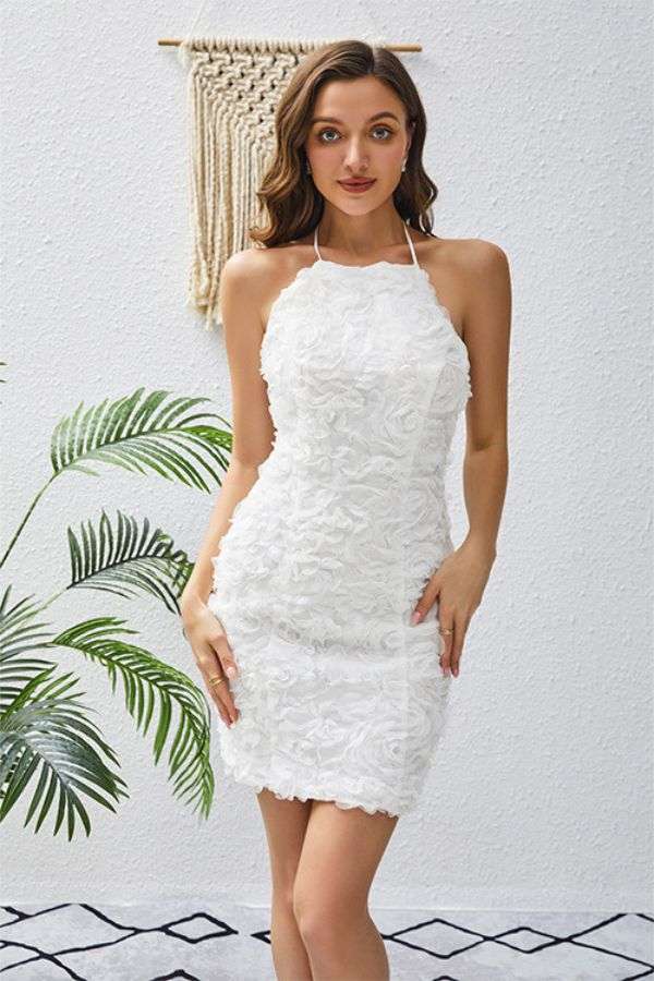 Elegant Ruffled Halter Dress - M, White image