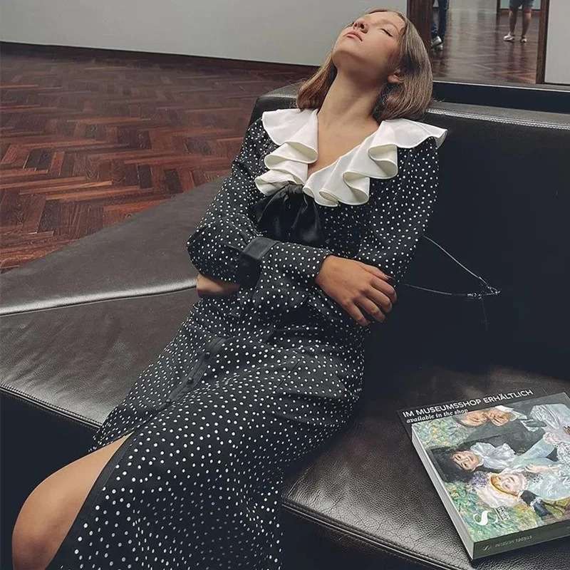 Black Polka Dot Dress with Ruffled Collar image 2