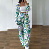 Abstract Pattern Lounge Set with Oversized Shirt & Wide-Leg Pants - S, Green image