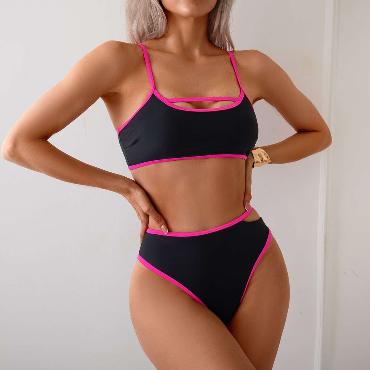 Contrast Bikini Set with Cutout Details - L, Black image