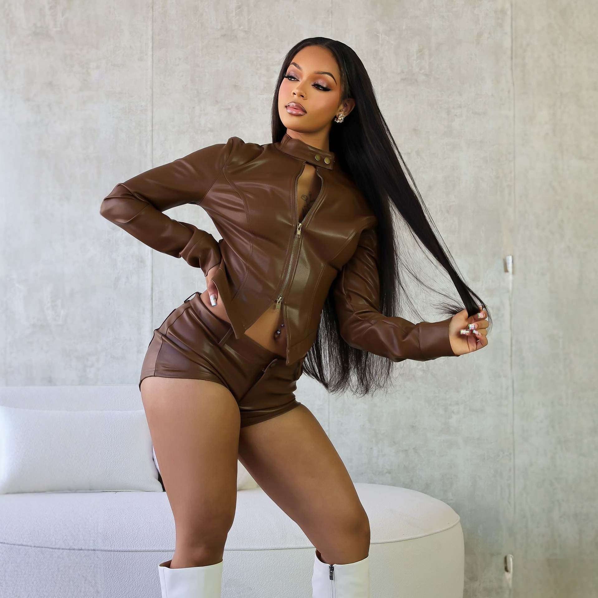 Faux Leather Jacket with Matching Shorts - L, Brown image