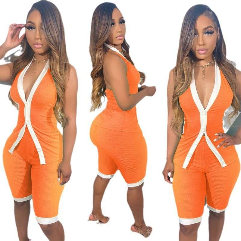Sleeveless Button-Front Shorts Set - L, Orange image