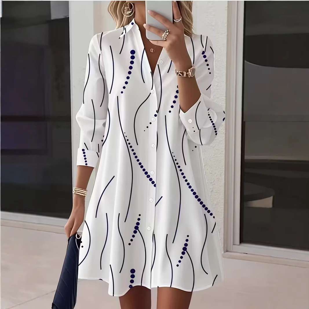 Button-Down Dress with Abstract Pattern - S, White image
