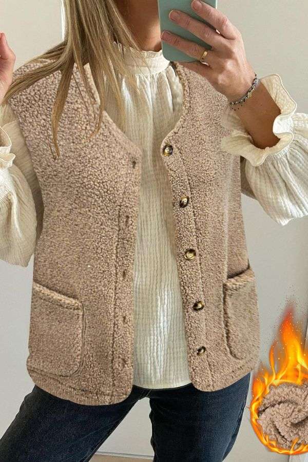 Casual Style V-Neck Sleeveless Vest Jacket - L, Beige image