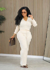 Long Sleeve Top and Pant Two Piece Set - M, Off-White image
