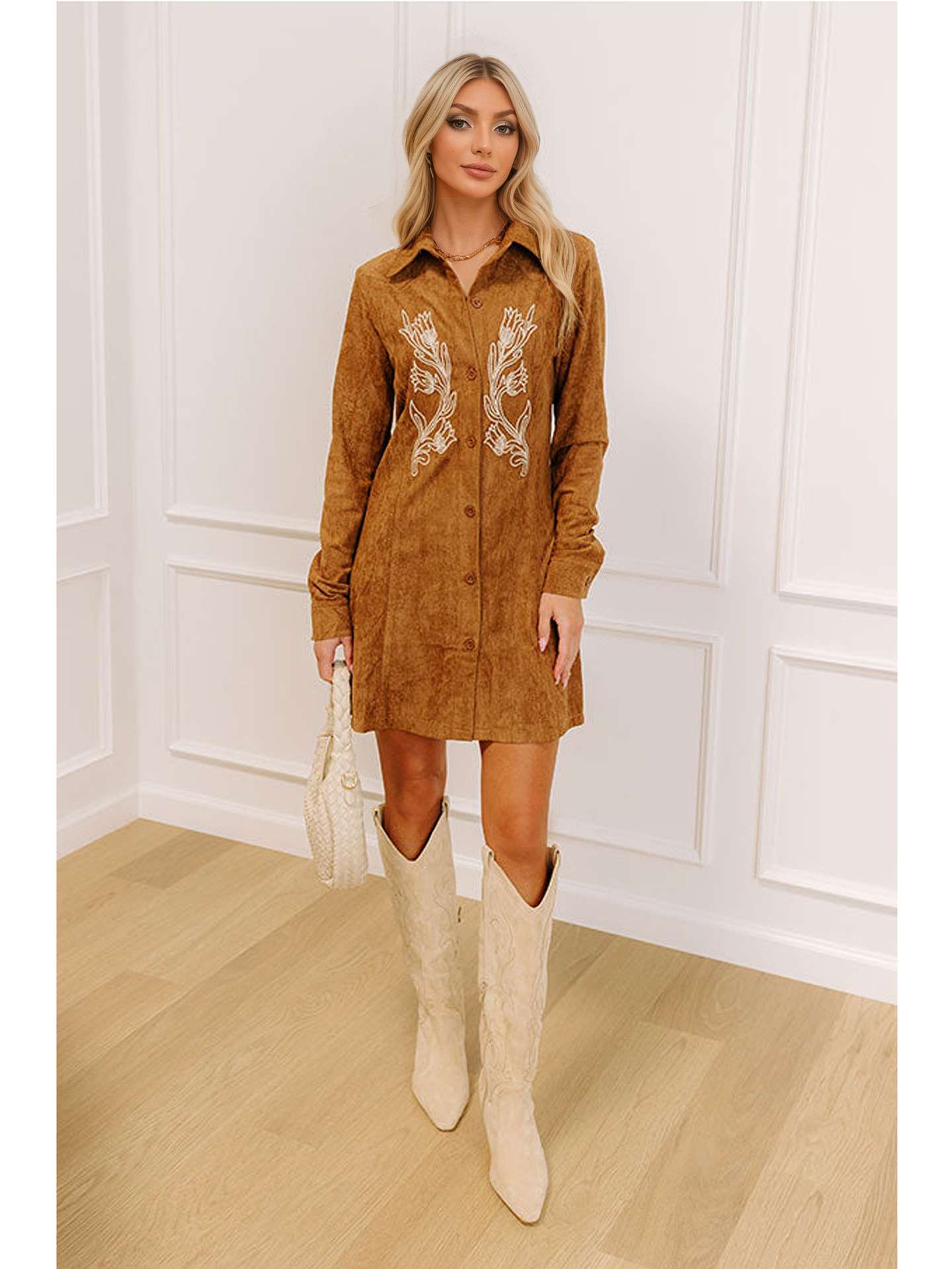 Brown Printed Shirt Dress - S, Brown image