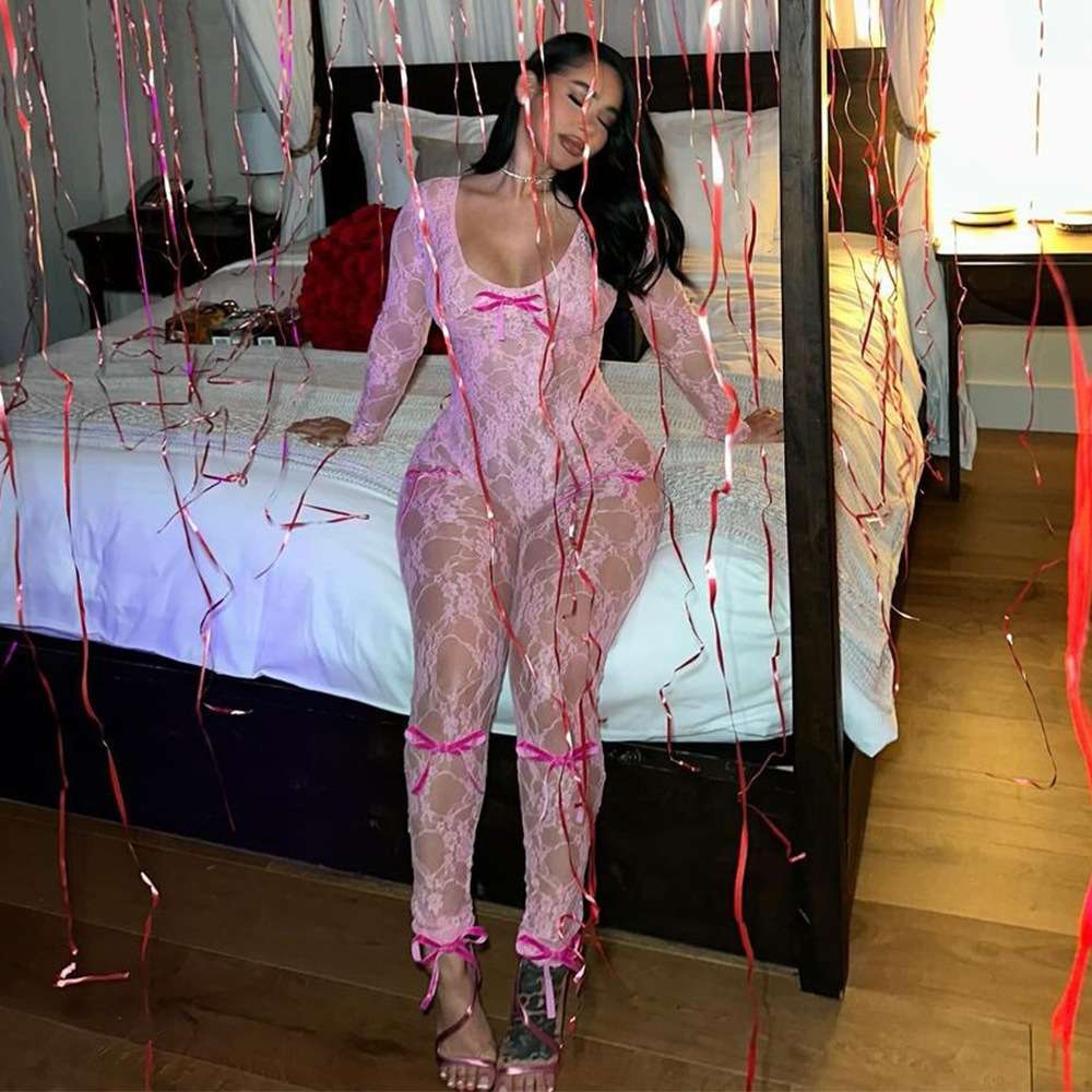 Lace Long Sleeve Bowtied Jumpsuit - S, Pink image