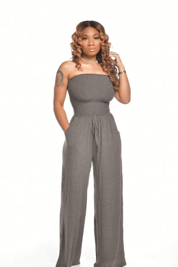 Women's Casual Off Shoulder Solid Color Strapless Belted Wide Leg Jumpsuit Romper with Pockets image 2