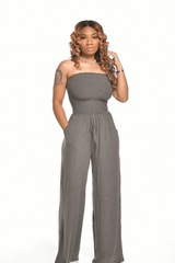 Women's Casual Off Shoulder Solid Color Strapless Belted Wide Leg Jumpsuit Romper with Pockets image 2