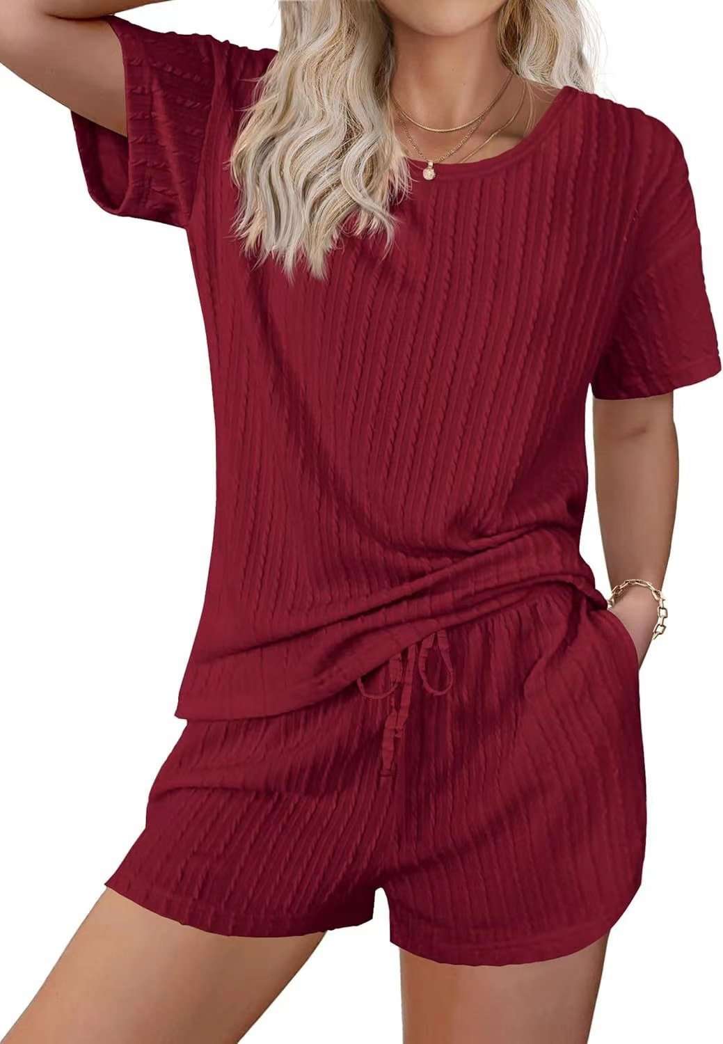 Textured Top & Drawstring Shorts Lounge Set - M, Wine Red image