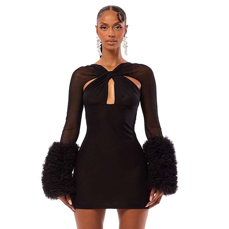 Bodycon Dress with Sheer Sleeves - L, Black image