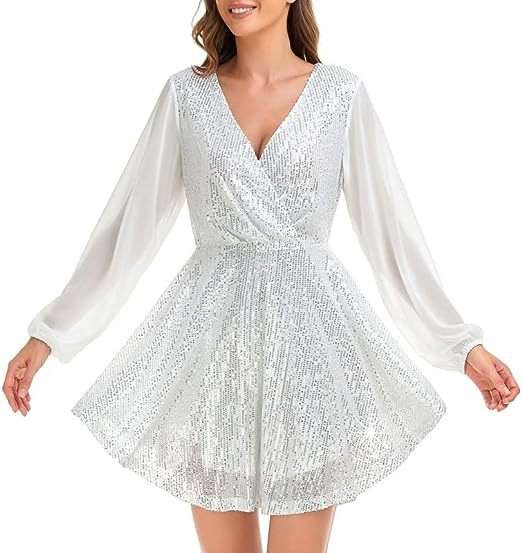 Long Sleeves Loose Fitting Short Party Dress - XL, White image