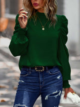Mock Neck Puff Long Sleeve Casual Top - L, Dark Green image