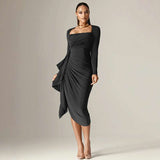 Black Long-Sleeve Draped Midi Dress - M, Black image
