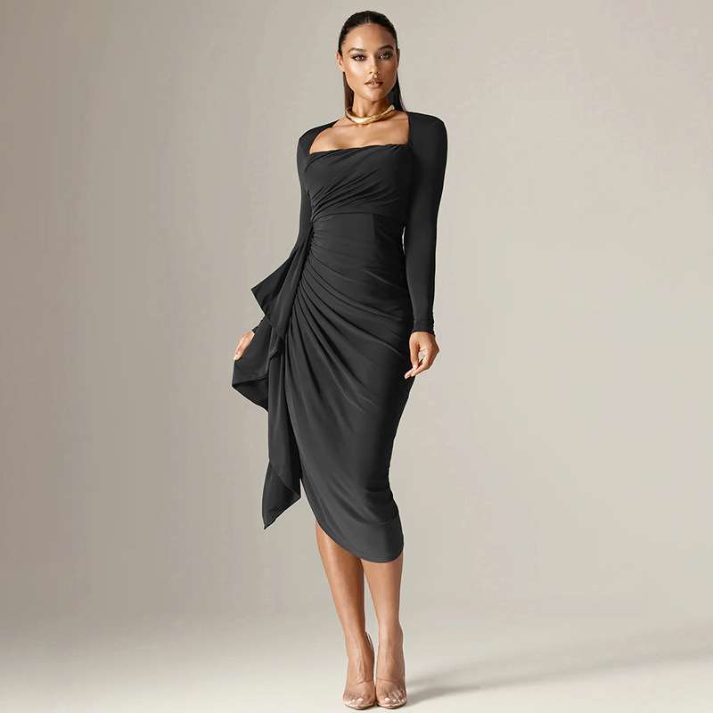 Black Long-Sleeve Draped Midi Dress - M, Black image