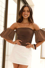 Off-Shoulder Ruched Top with Puff Sleeve Details - M, Brown image